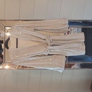 Silver sequin faux wrap belted mini cocktail dress